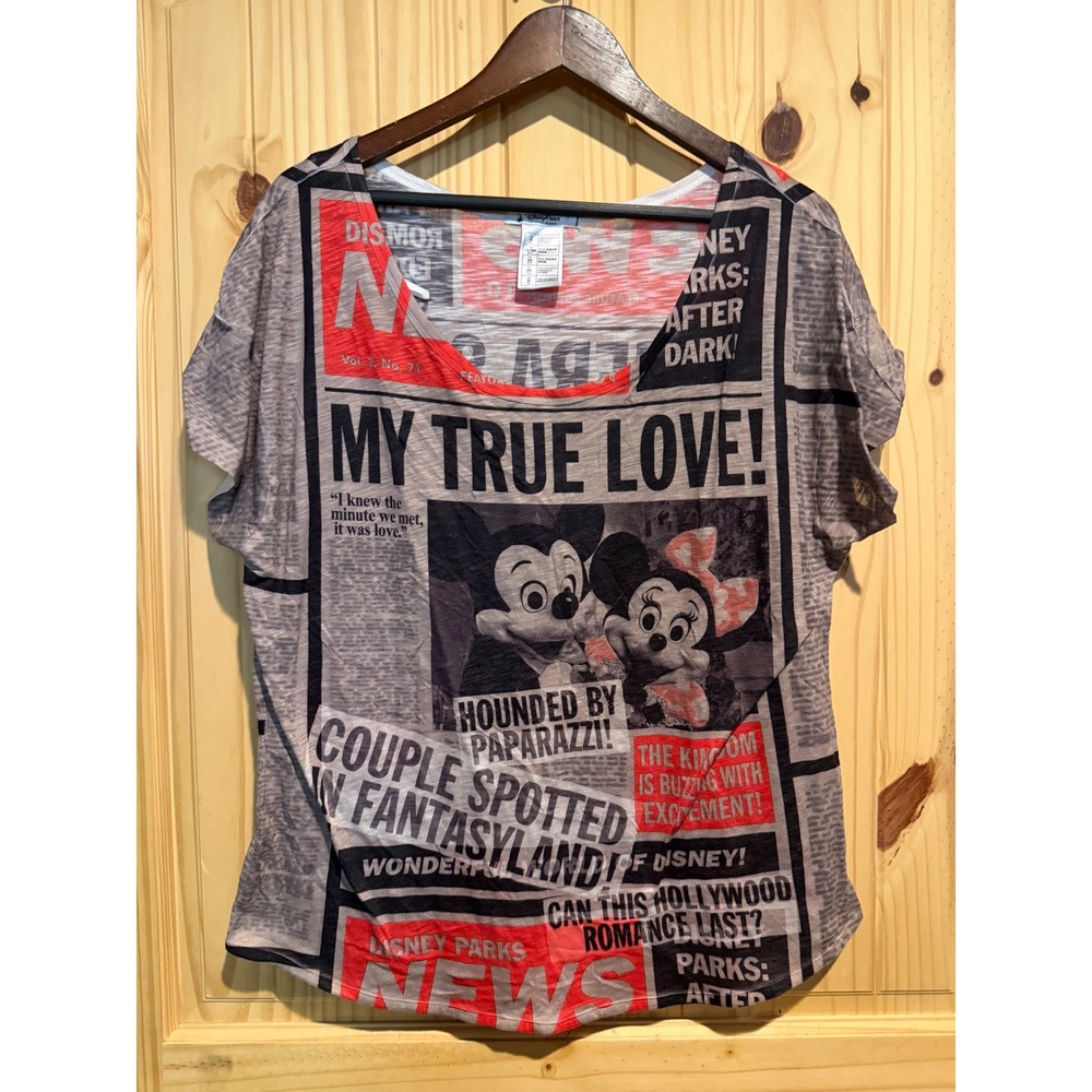 Disney Parks News Mickey Minnie Donald Daisy Newspaper Print Top XL Women Gray